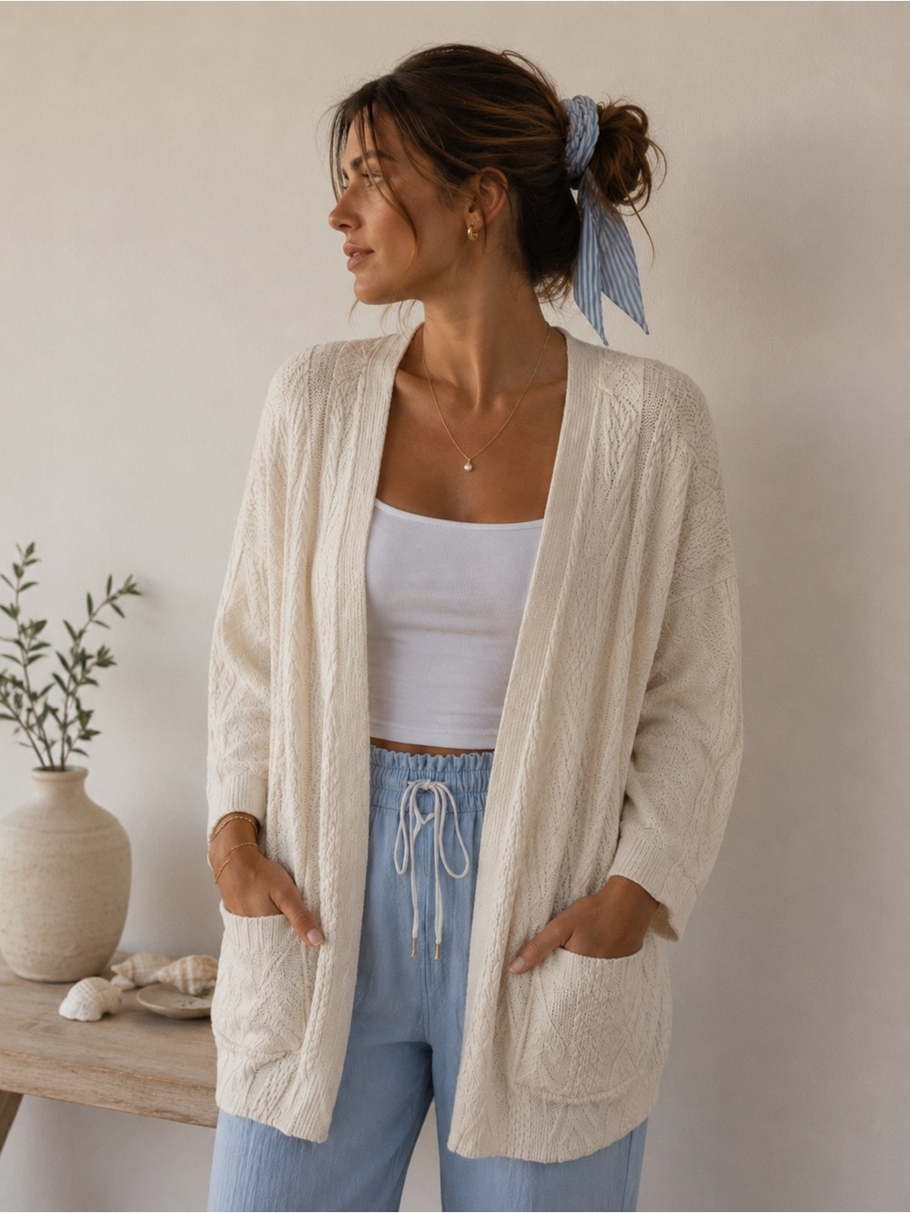 Cherish Cream Textured Open-Front Cardigan